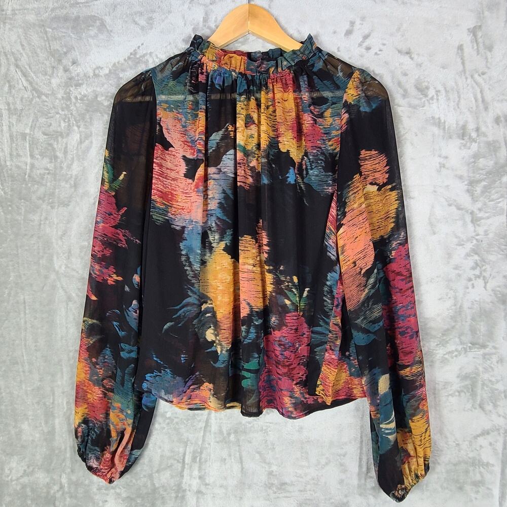 Rachel Zoe Sheer Long Sleeve Oversized Top Ruffle Stretch Neck Fairycore Size S